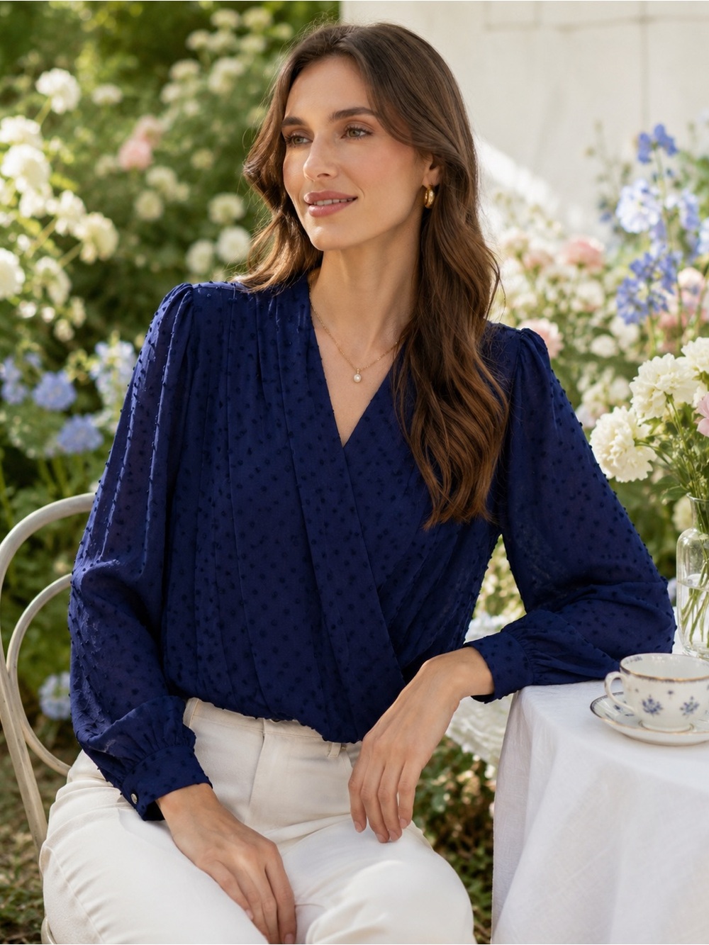 Beacon Apparel Faux Wrap Swiss Dot Blouse | Navy Blue Surplice Top | Size Small